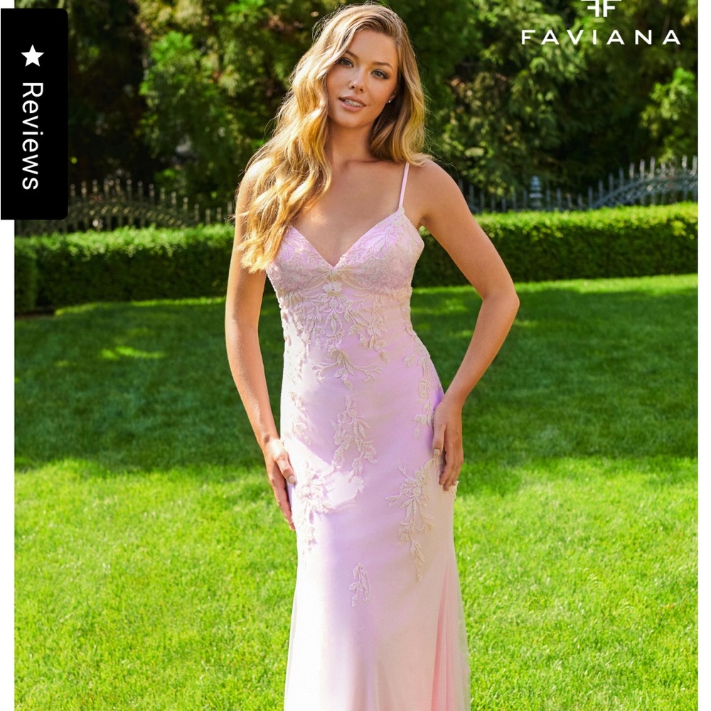 Faviana Pink Beaded Lace Long V-Neck Dress With Open Back Prom Dress